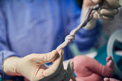 Hands, doctor and umbilical cord with baby in hospital for delivery, check or assessment for wellness. Infant, midwife and nurse with help, health or medical support for for labor at maternity clinic