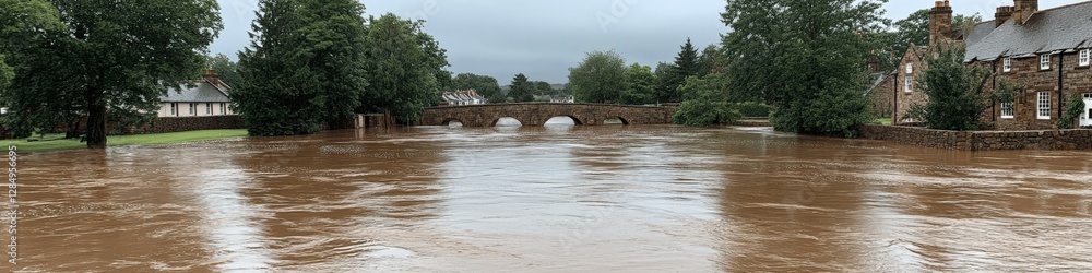 Severe Flooding in Urban Area with River, Trees, and Residential Houses Suffering from Heavy Rain and Overflowing Water Under Cloudy Sky—Emergency Situation Captured Severe Flooding in Urban Area with River, Trees, and Residential Houses Suffering from Heavy Rain and Overflowing Water Under Cloudy Sky—Emergency Situation Captured