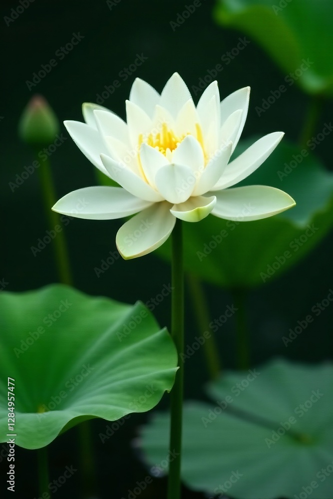 Single white lotus blossom with delicate petals and green lily pads, flower, lotus Single white lotus blossom with delicate petals and green lily pads, flower, lotus