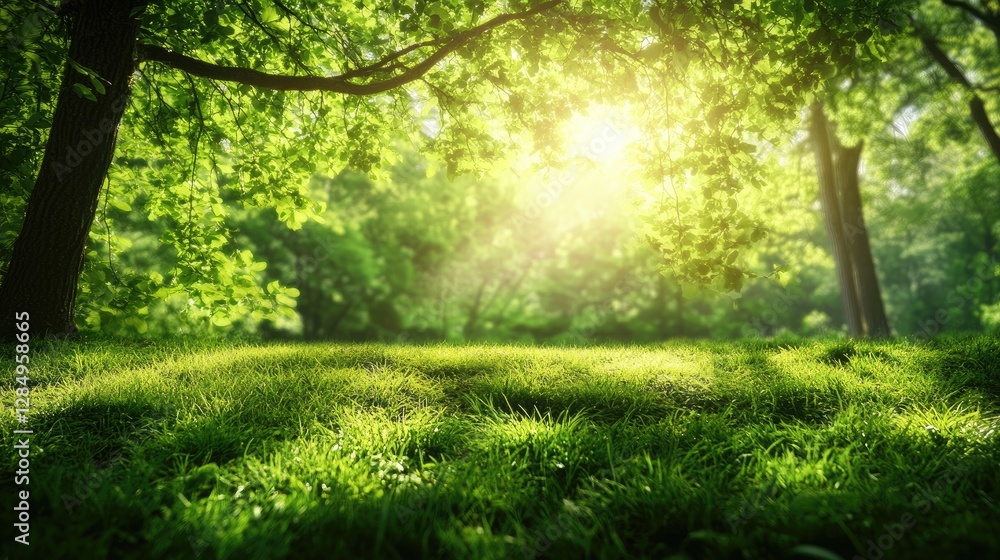 Fototapeta premium A vibrant spring landscape showcases green grass sprinkled with colorful blooms, bathed in sunlight as nature awakens in renewal and freshness