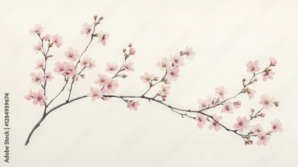 A delicate branch of pink cherry blossoms against a light background. A delicate branch of pink cherry blossoms against a light background.