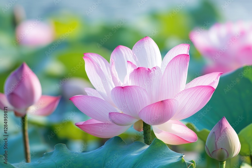 Obraz premium Nestled among lush green leaves, blooming lotus flowers display delicate petals in shades of pink and white, symbolizing the beauty of spring and renewal