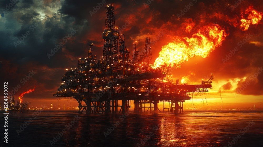 A large oil rig is on fire in the ocean A large oil rig is on fire in the ocean