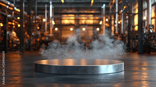 A Metallic Podium Floating With Steam In An Industrial Space