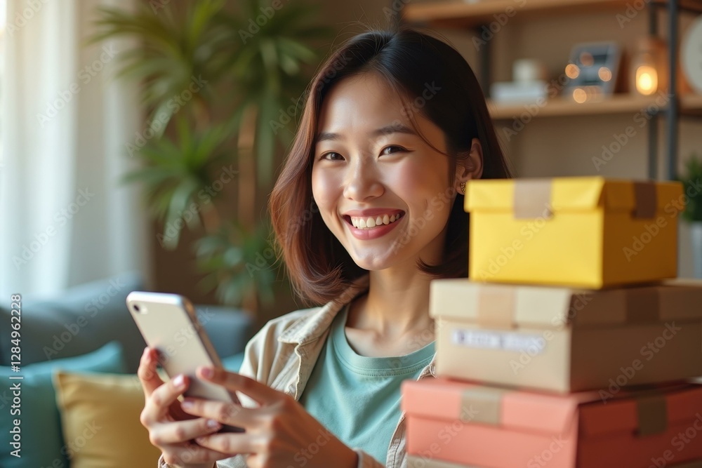 Woman is smiling while holding cell phone in her hand Woman is smiling while holding cell phone in her hand