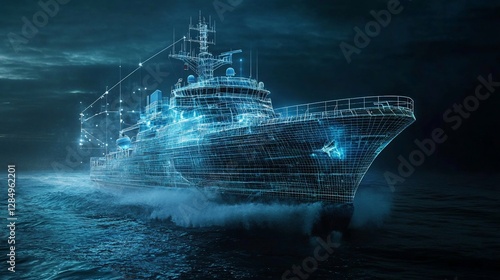 Digital Ship at Night: A futuristic vessel sails through the dark ocean waters, its structure rendered in a glowing digital wireframe.  The vessel is cutting through dark waves.