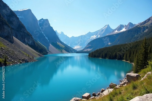 Serene blue lake under clear skies surrounded by rugged mountains, reflection, nature, blue