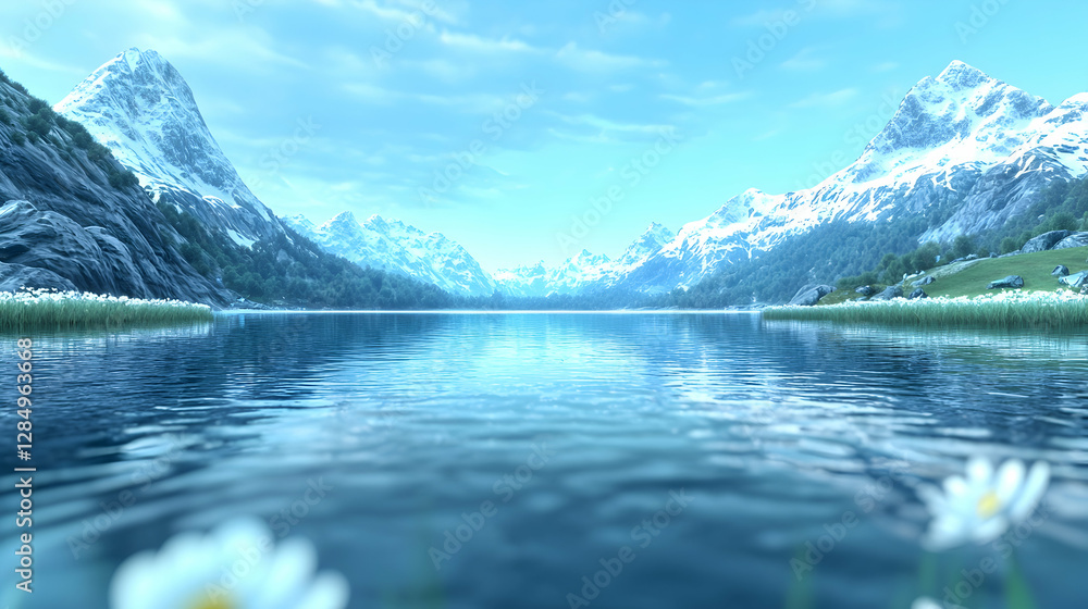 Calm lake reflecting snowy mountains, idyllic landscape, serene nature scene, perfect for travel brochures Calm lake reflecting snowy mountains, idyllic landscape, serene nature scene, perfect for travel brochures