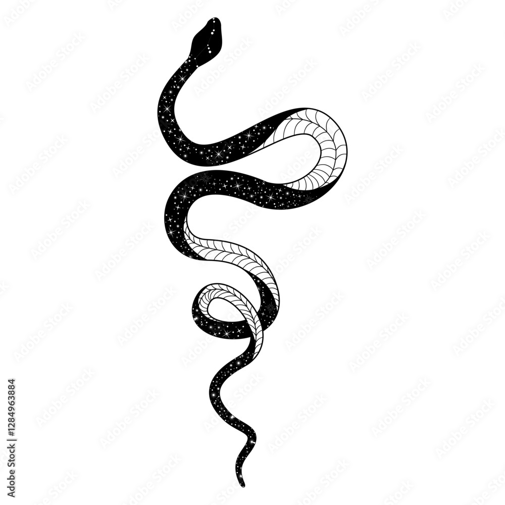 Obraz premium Elegant and whimsical silhouette of a snake intertwining in a graceful dance of doodles and patterns