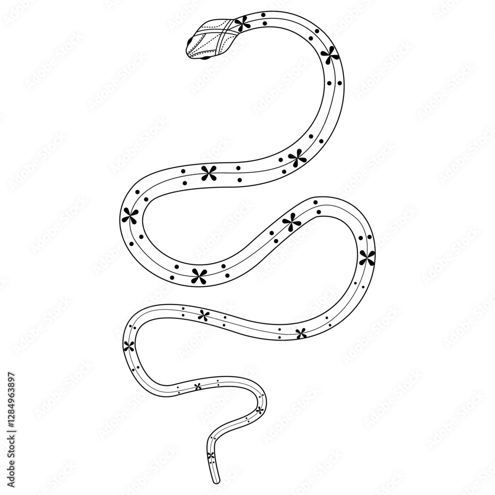 Elegant and whimsical silhouette of a snake intertwining in a graceful dance of doodles and patterns Elegant and whimsical silhouette of a snake intertwining in a graceful dance of doodles and patterns