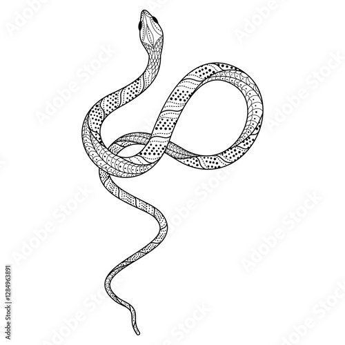 Elegant and whimsical silhouette of a snake intertwining in a graceful dance of doodles and patterns