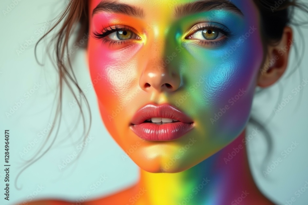 Woman is wearing rainbow colored make up and has bright make up Woman is wearing rainbow colored make up and has bright make up
