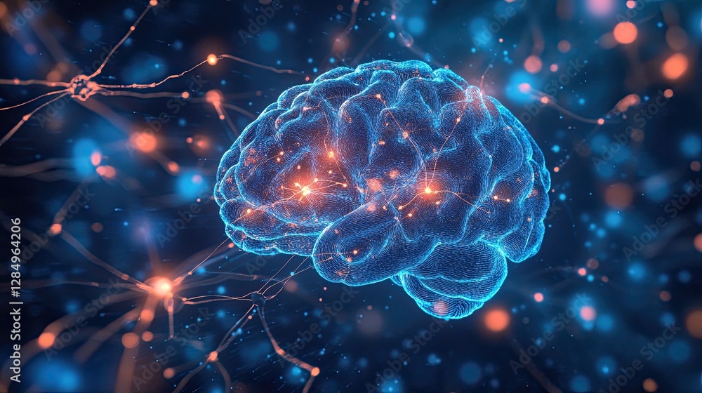 Digital representation of a human brain with interconnected neurons and glowing synapses. Digital representation of a human brain with interconnected neurons and glowing synapses.
