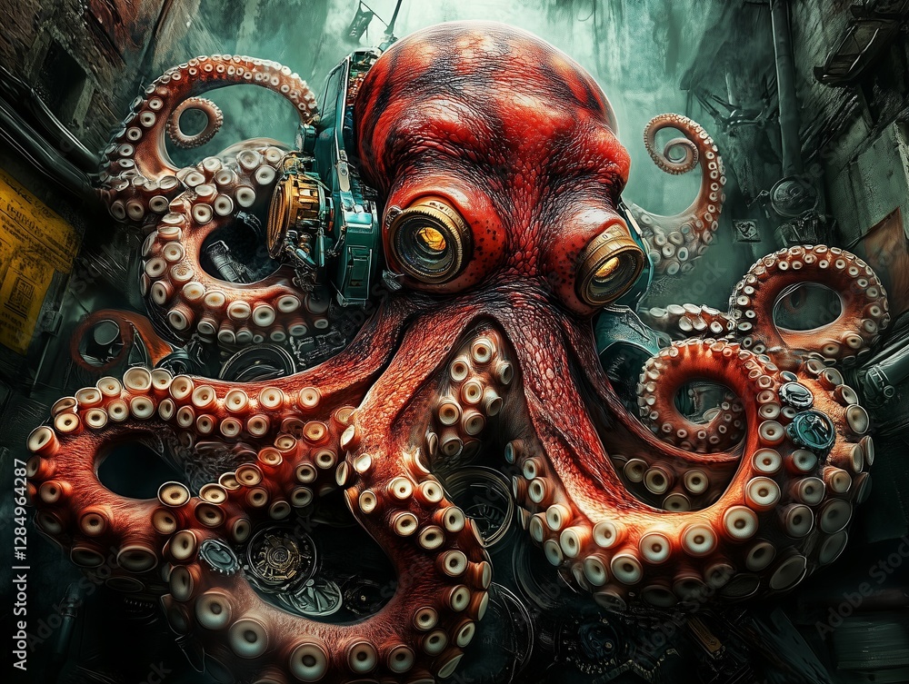 Fototapeta premium Stylish huge octopus in the theme and style of cyberpunk and steampunk. A blend of nature and technology, concept.
