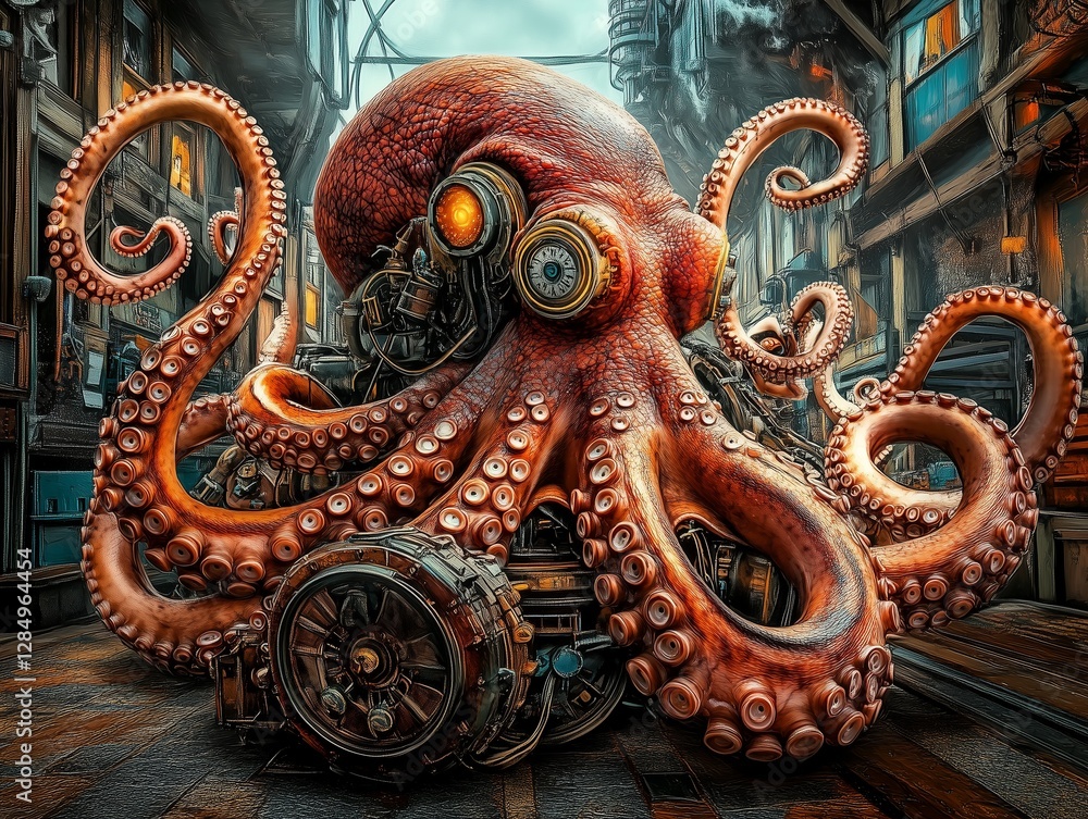 Fototapeta premium Stylish huge octopus in the theme and style of cyberpunk and steampunk. A blend of nature and technology, concept.