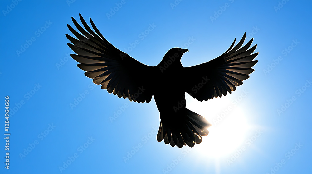 Obraz premium A black bird is flying in the sky with the sun shining on it