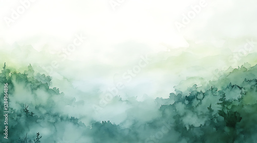 A painting of a forest with trees and a sky