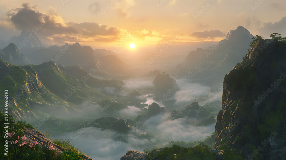 A mountain range with a sun setting in the background A mountain range with a sun setting in the background