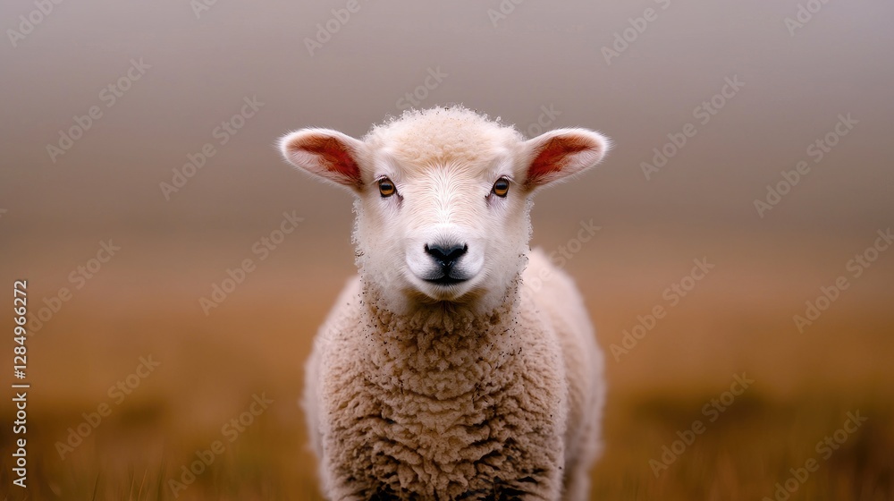 Fototapeta premium Sheep in a misty field; close-up portrait. Possible use stock photo