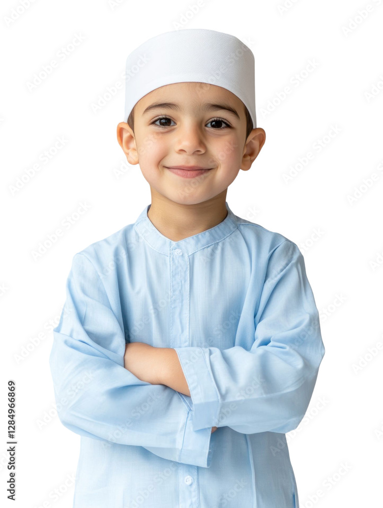 Portrait of a young boy with a white cap and light blue outfit, arms crossed and smiling in a studio setting Portrait of a young boy with a white cap and light blue outfit, arms crossed and smiling in a studio setting