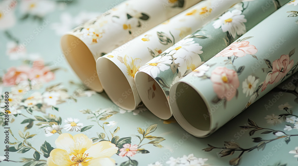 A collection of floral-patterned wallpaper rolls on a decorative background. A collection of floral-patterned wallpaper rolls on a decorative background.