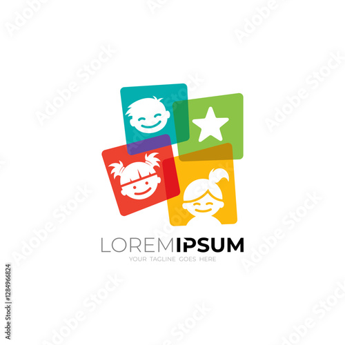 Square logo and kids, small children gathering and playing happily