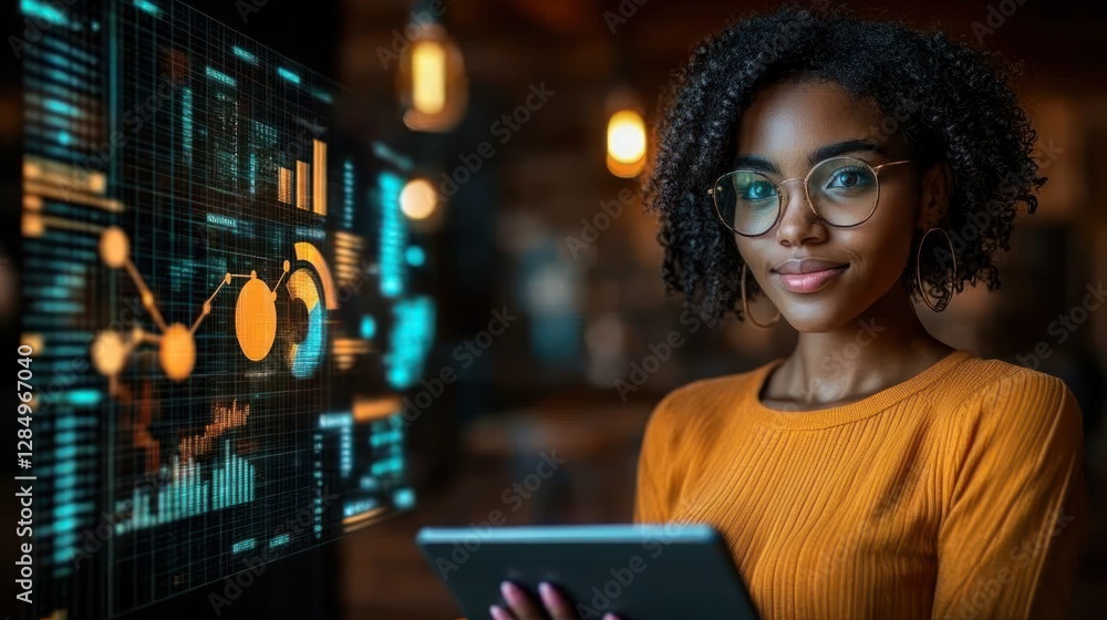 Analyst reviews data on tablet, office background Analyst reviews data on tablet, office background