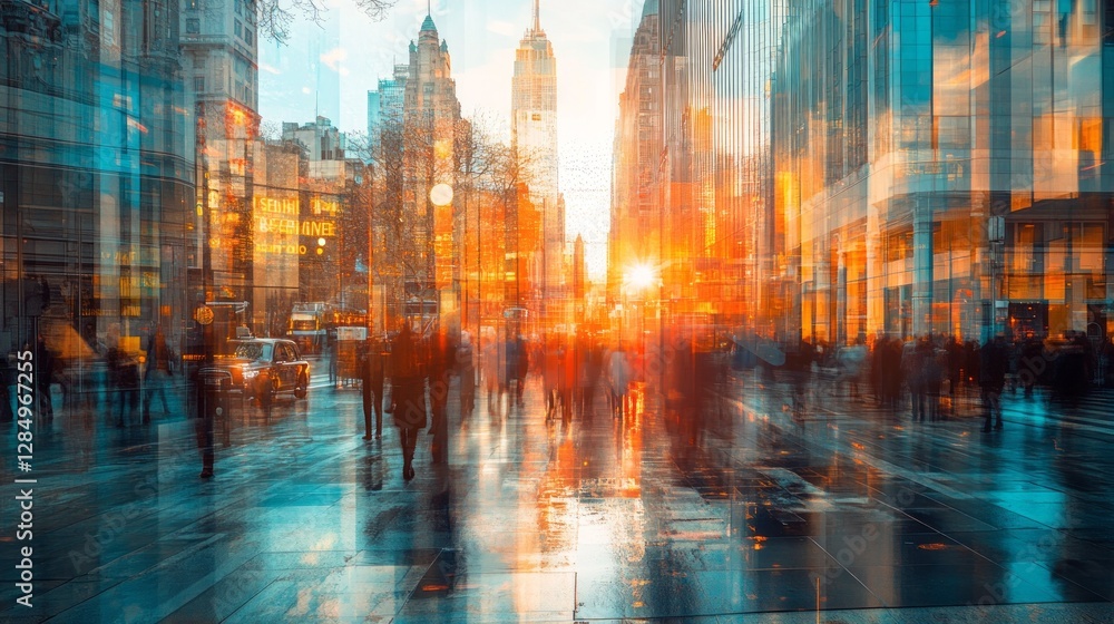 Fototapeta premium City street scene with blurred pedestrians and golden sunset