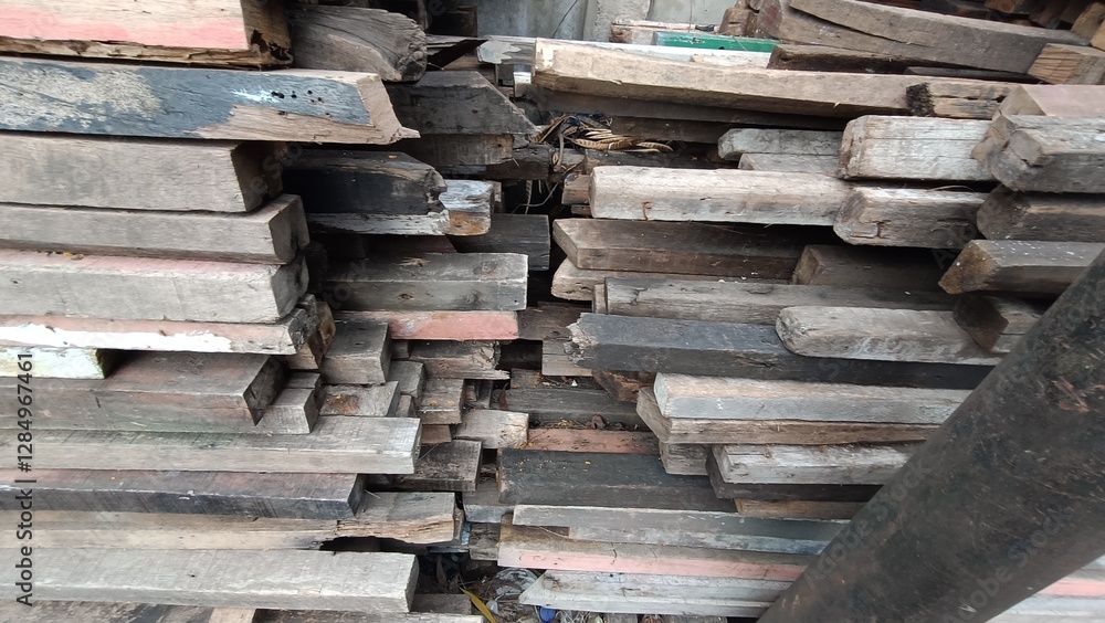 Stacks of Reclaimed Wood on Urban Streets for Construction and Recycling Stacks of Reclaimed Wood on Urban Streets for Construction and Recycling