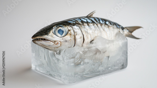 Mackerel in ice cube isolated on white background
 photo