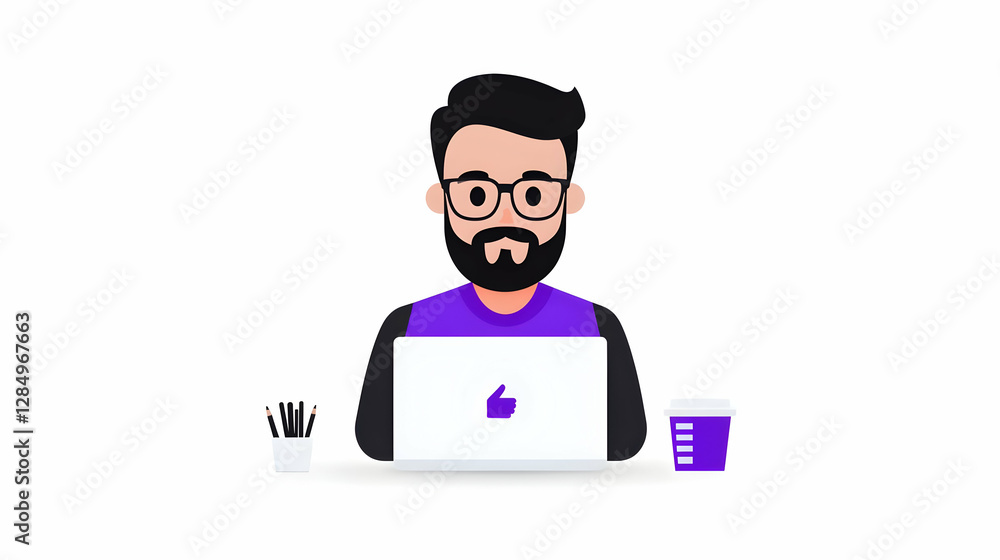 Pixel Art Illustration of Bearded Man Working on Laptop Pixel Art Illustration of Bearded Man Working on Laptop