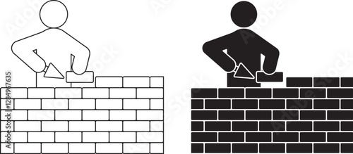 bricklayer building a wall icon. The figure is holding a trowel and placing a brick, representing a construction worker or mason