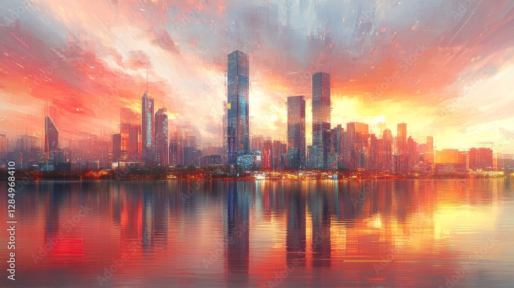 Skyline reflection across still water during a colorful sunset Skyline reflection across still water during a colorful sunset