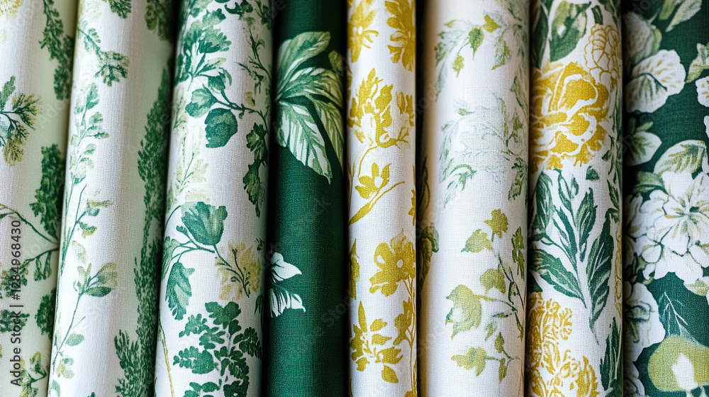 A collection of patterned fabrics featuring floral and leafy designs in green and yellow hues. A collection of patterned fabrics featuring floral and leafy designs in green and yellow hues.