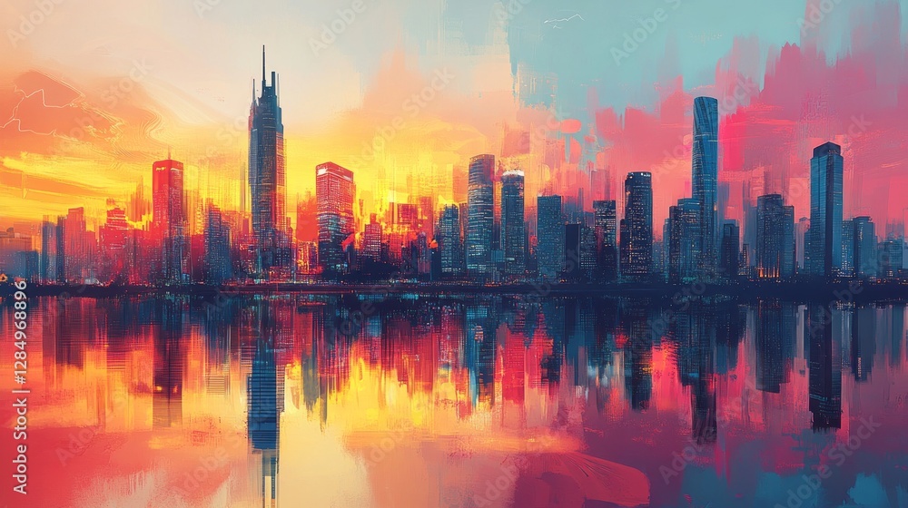 Abstract cityscape at sunset reflected in calm water below Abstract cityscape at sunset reflected in calm water below