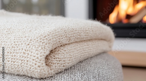 Cozy knitted blankets by fireplace, winter warmth