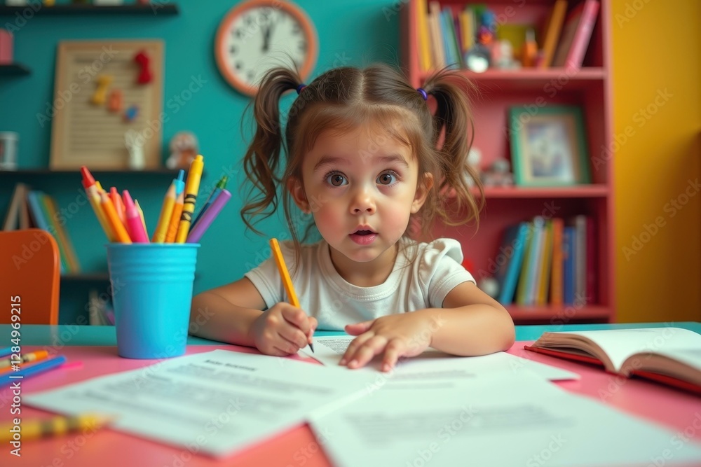 Little girl is sitting at table with book and pencil Little girl is sitting at table with book and pencil
