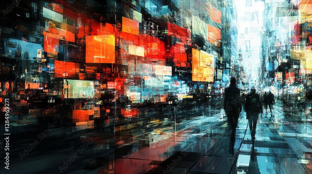 Obraz premium Abstract futuristic city street scene with walking people silhouettes