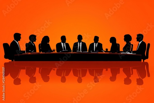 Business Meeting Silhouettes on Orange Background with Reflections and Shadows