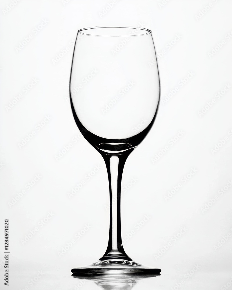 A wine glass is sitting on a white background. The glass is tall and thin, with a stem. Concept of elegance and sophistication, as wine glasses are often associated with fine dining A wine glass is sitting on a white background. The glass is tall and thin, with a stem. Concept of elegance and sophistication, as wine glasses are often associated with fine dining