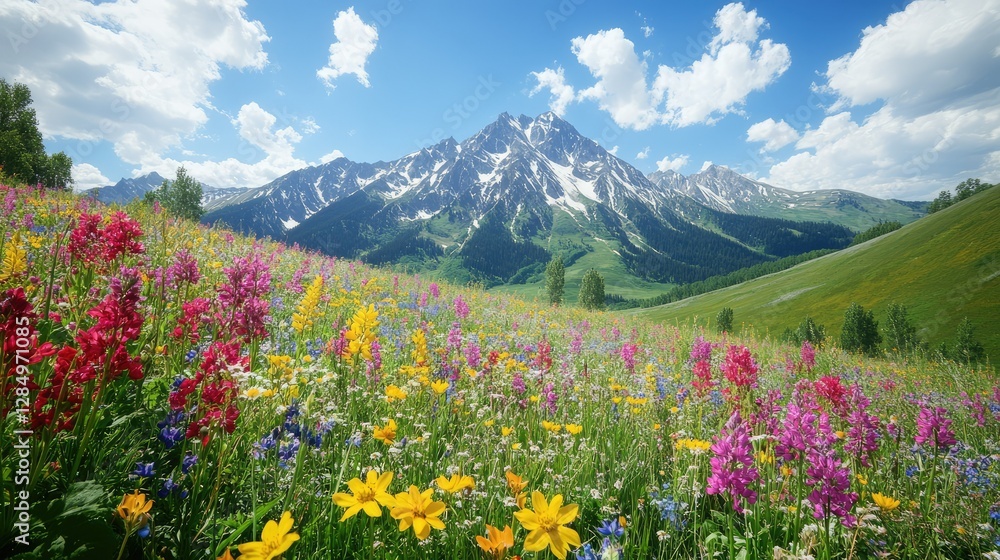 Obraz premium Colorful wildflowers blanket a mountain meadow on a sunny day