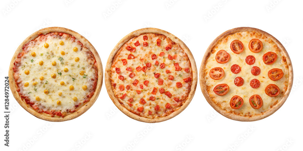 Three Different Style Pizza Fromage with Tomatoes on Transparent Background, PNG Transparent