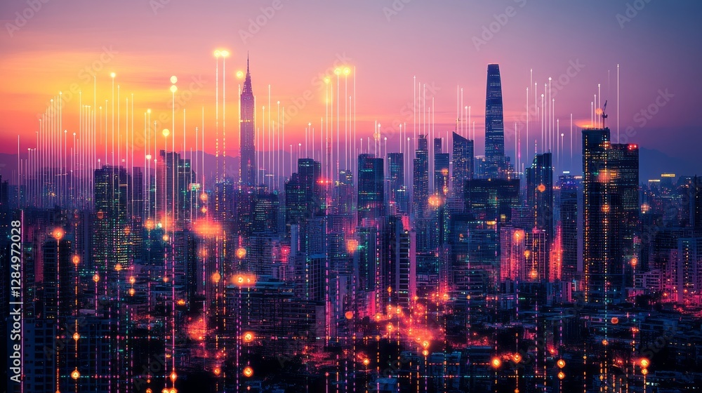 Fototapeta premium Illuminated cityscape demonstrates vibrant connectivity and technological infrastructure at dusk