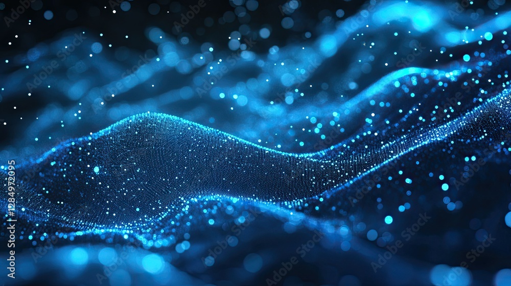 Flowing digital particles and lights in shades of blue, creating a sense of technological movement. Flowing digital particles and lights in shades of blue, creating a sense of technological movement.
