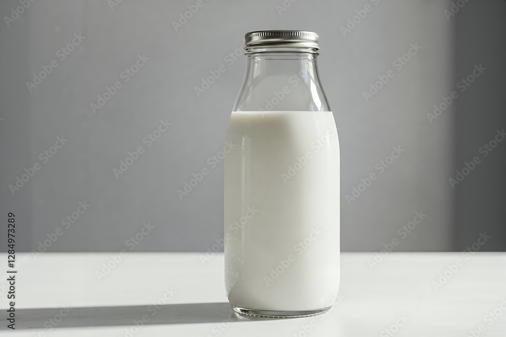 Glass Milk Bottle on White Surface, Simple and Clean. A full shot of a glass milk bottle filled with milk, sitting on a plain white surface against a soft gray background. Glass Milk Bottle on White Surface, Simple and Clean. A full shot of a glass milk bottle filled with milk, sitting on a plain white surface against a soft gray background.
