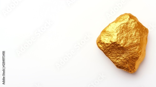 A close-up view of a gold nugget resting on a white surface. This shiny mineral showcases its natural texture and vibrant color, emphasizing the beauty of natural gold formation.