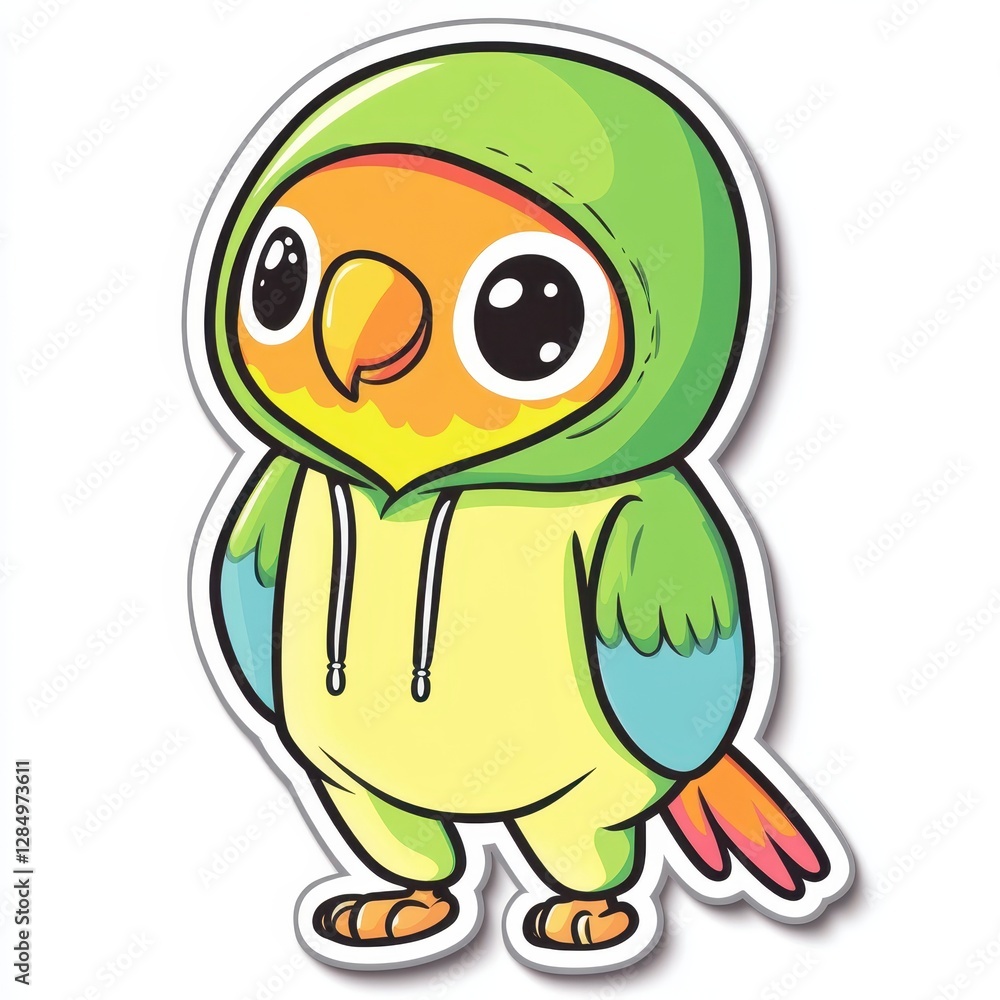 Sticker of a Cute cartoon bird wearing a colorful hoodie stands with a cheerful expression in a vibrant design Sticker of a Cute cartoon bird wearing a colorful hoodie stands with a cheerful expression in a vibrant design