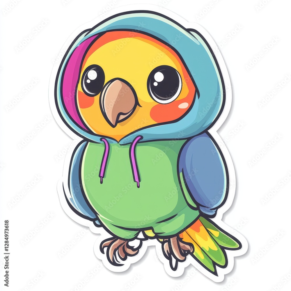 Sticker of a Cute cartoon bird wearing a colorful hoodie stands with a cheerful expression in a vibrant design Sticker of a Cute cartoon bird wearing a colorful hoodie stands with a cheerful expression in a vibrant design