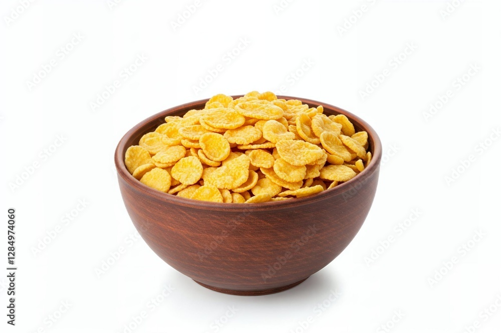 A full bowl of crispy corn flakes. A close-up view of a brown bowl brimming with golden yellow corn flakes. A full bowl of crispy corn flakes. A close-up view of a brown bowl brimming with golden yellow corn flakes.
