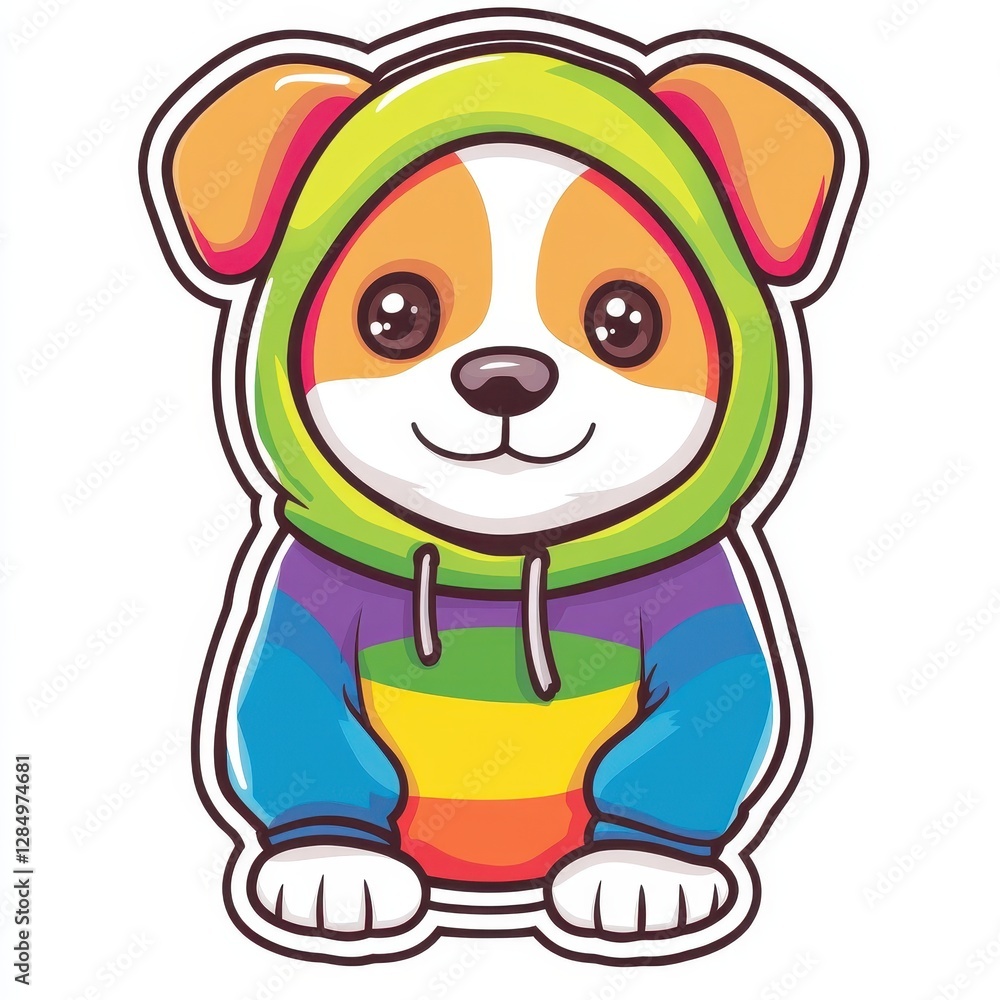 Obraz premium Sticker of a Cute dog wearing a colorful hoodie stands with a cheerful expression in a vibrant design